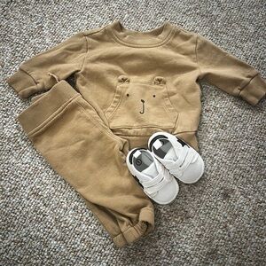 Tan Bear Face Baby Outfit with White Shoes